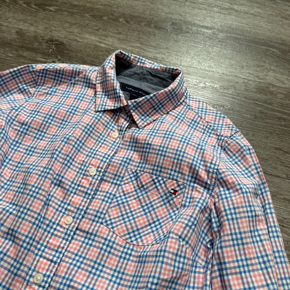 Tommy Hilfiger Shirt Youth Small Blue Pink Plaid Preppy Button Up Long Sleeve